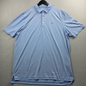 Vineyard Vines Mens Large Blue White Striped Performance Polo Shirt Whale Logo